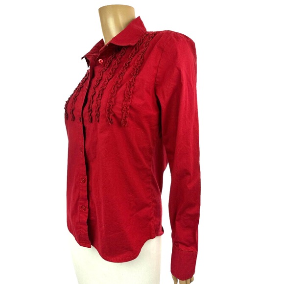 Austin Clothing Co Red Ruffled Blouse Sz M Long Sleeve Button Front Cotton/Spand - Picture 5 of 5
